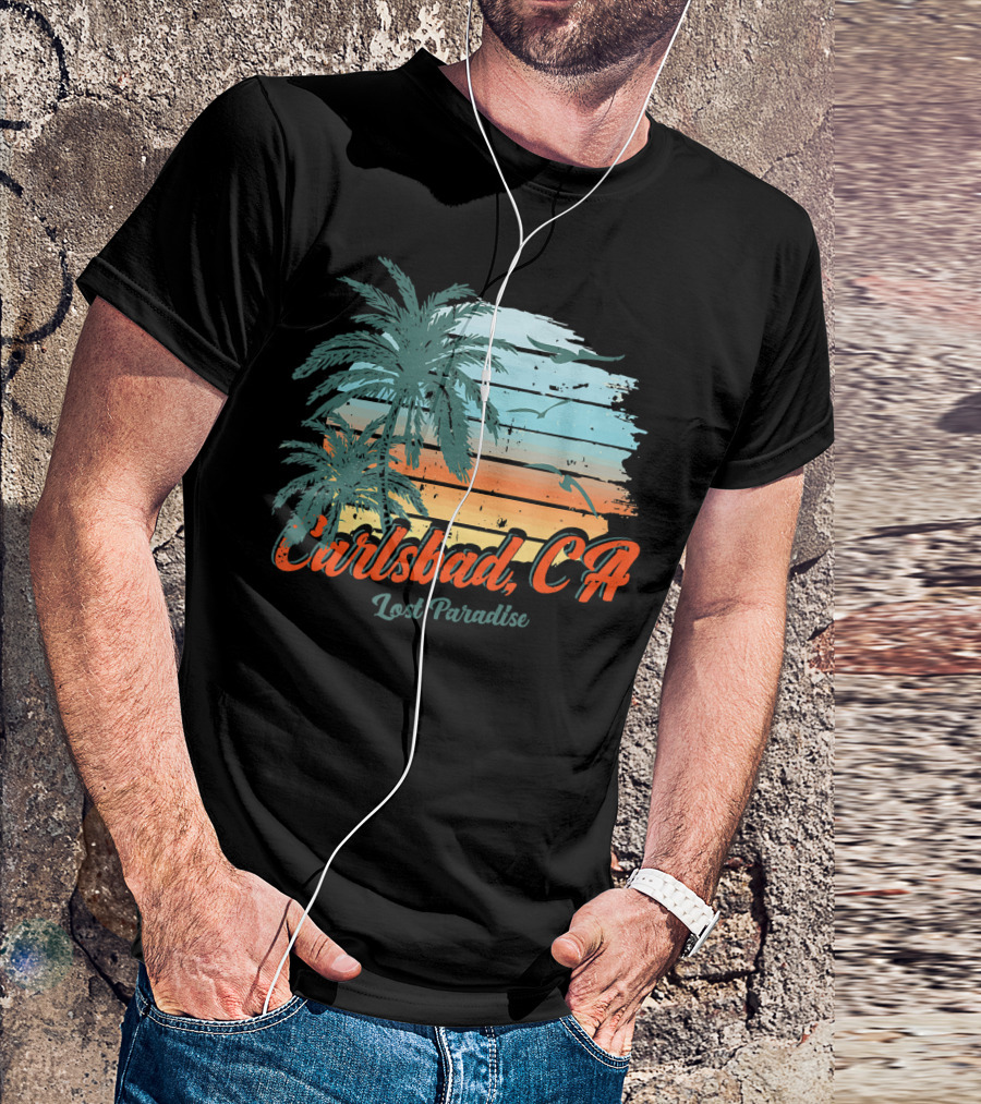 Carlsbad CA Lost Paradise Beach Palm Trees Sunset Ocean Birds T-Shirt