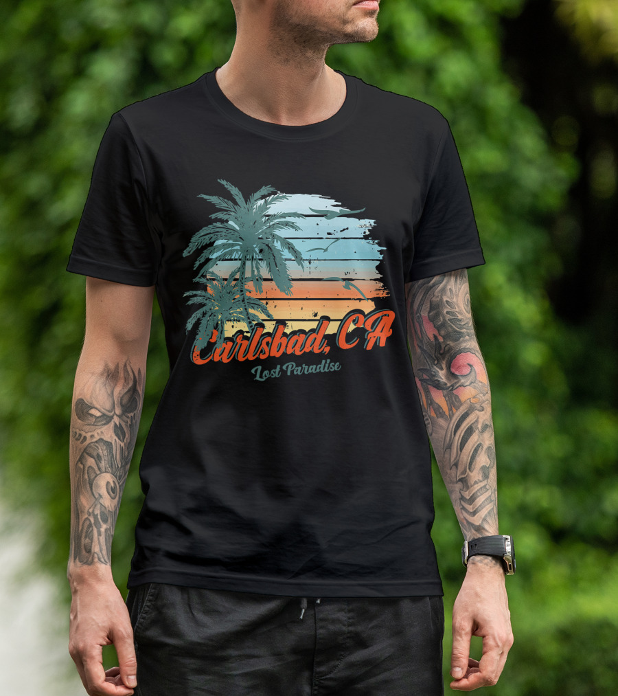 Carlsbad CA Lost Paradise Beach Palm Trees Sunset Ocean Birds T-Shirt