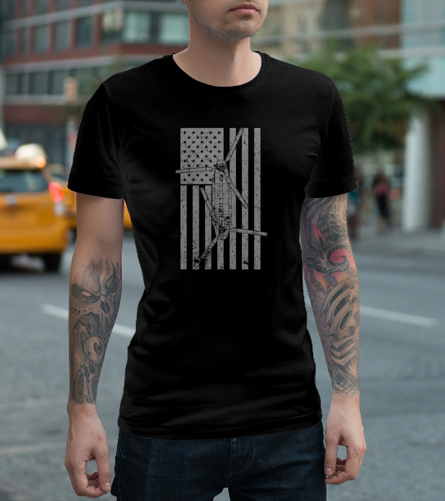 CH 47 Chinook Military Helicopter Vinta American Flag Tactical Rotorcraft T-Shirt