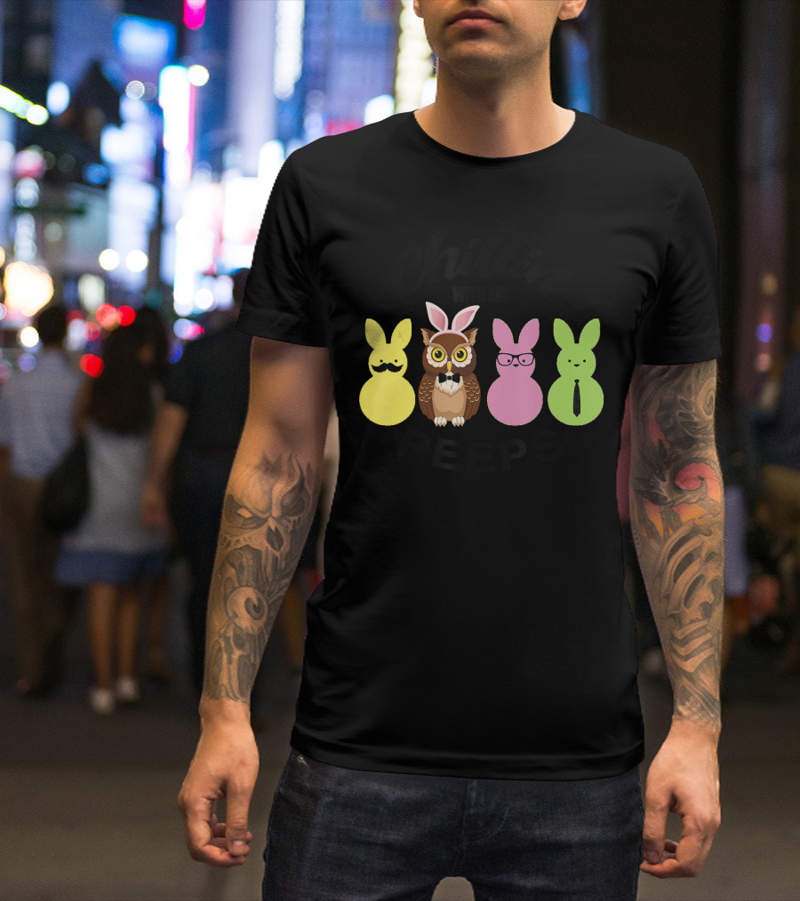 Chillin With My Peeps Easter Bunny Owl With Mustache Glasses Tie T-Shirt