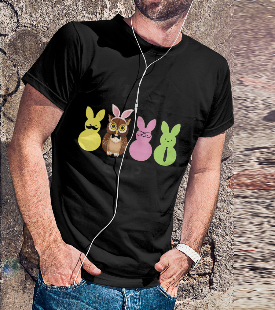 Chillin With My Peeps Easter Bunny Owl With Mustache Glasses Tie T-Shirt