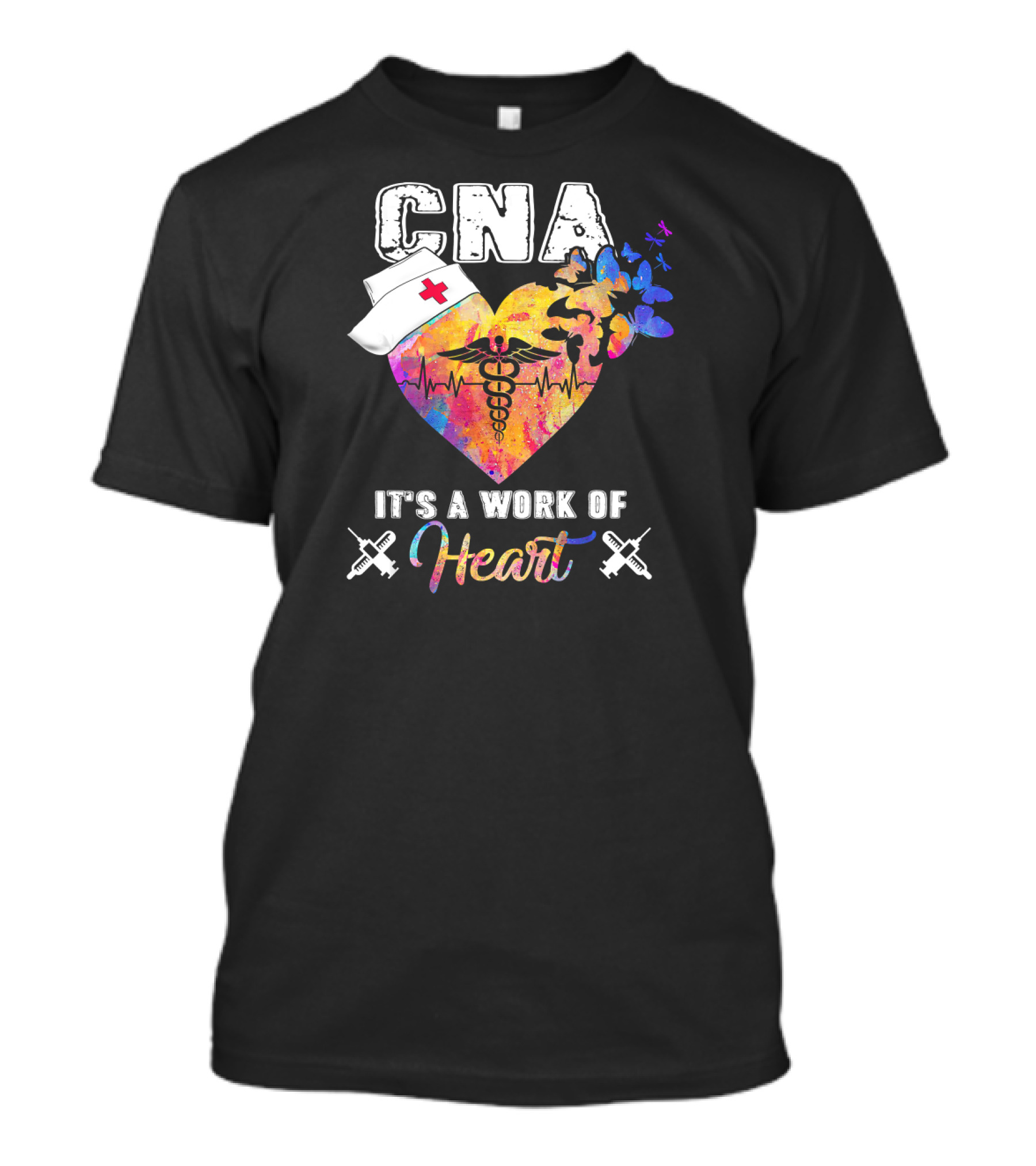 CNA Heart Nurse Hat Butterflies Caduceus Syringes Work Of Heart T-Shirt