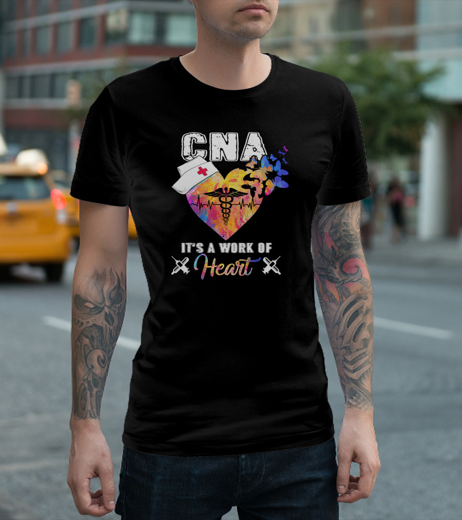 CNA Heart Nurse Hat Butterflies Caduceus Syringes Work Of Heart T-Shirt