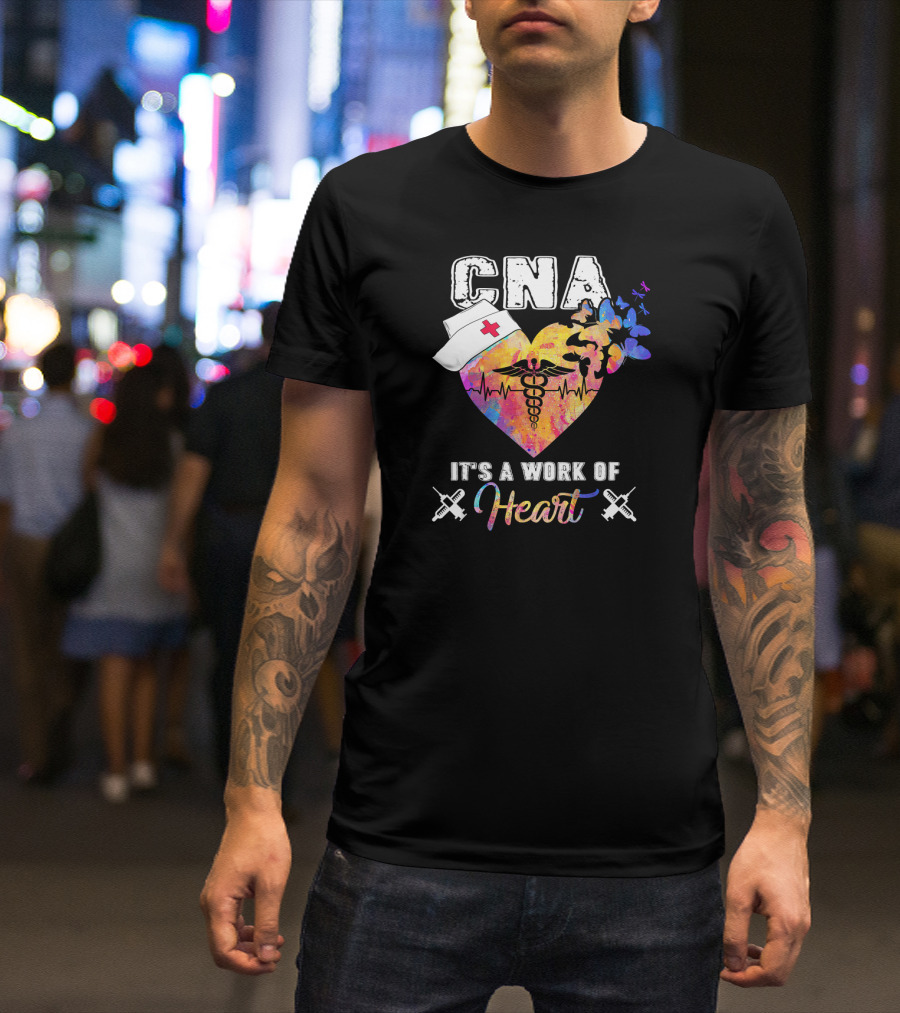 CNA Heart Nurse Hat Butterflies Caduceus Syringes Work Of Heart T-Shirt