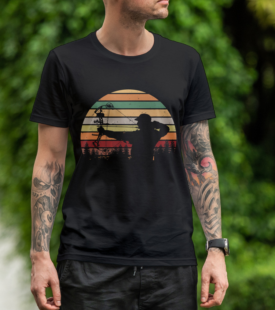 Compound Bow Hunter Sunset Silhouette Funny Mens Hunting T-Shirt
