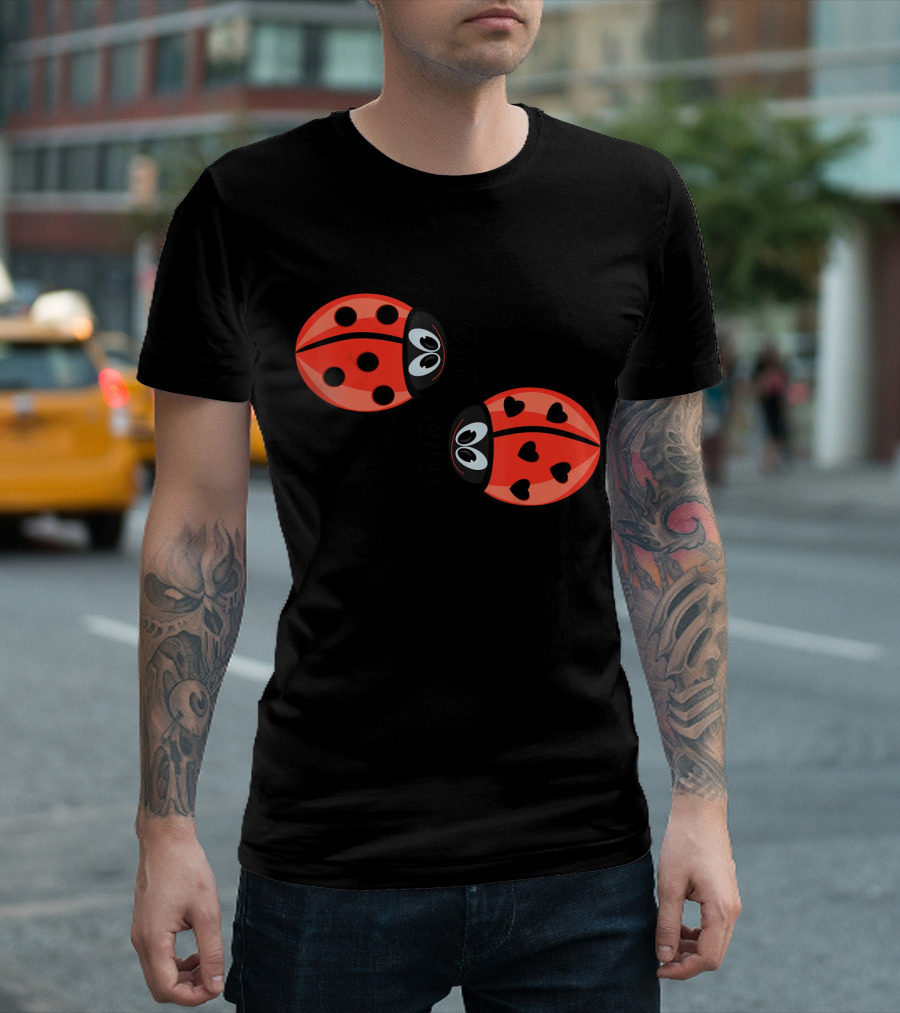 Cool Ladybug Cartoon Style Cute Bug Pattern With Hearts and Dots T-Shirt