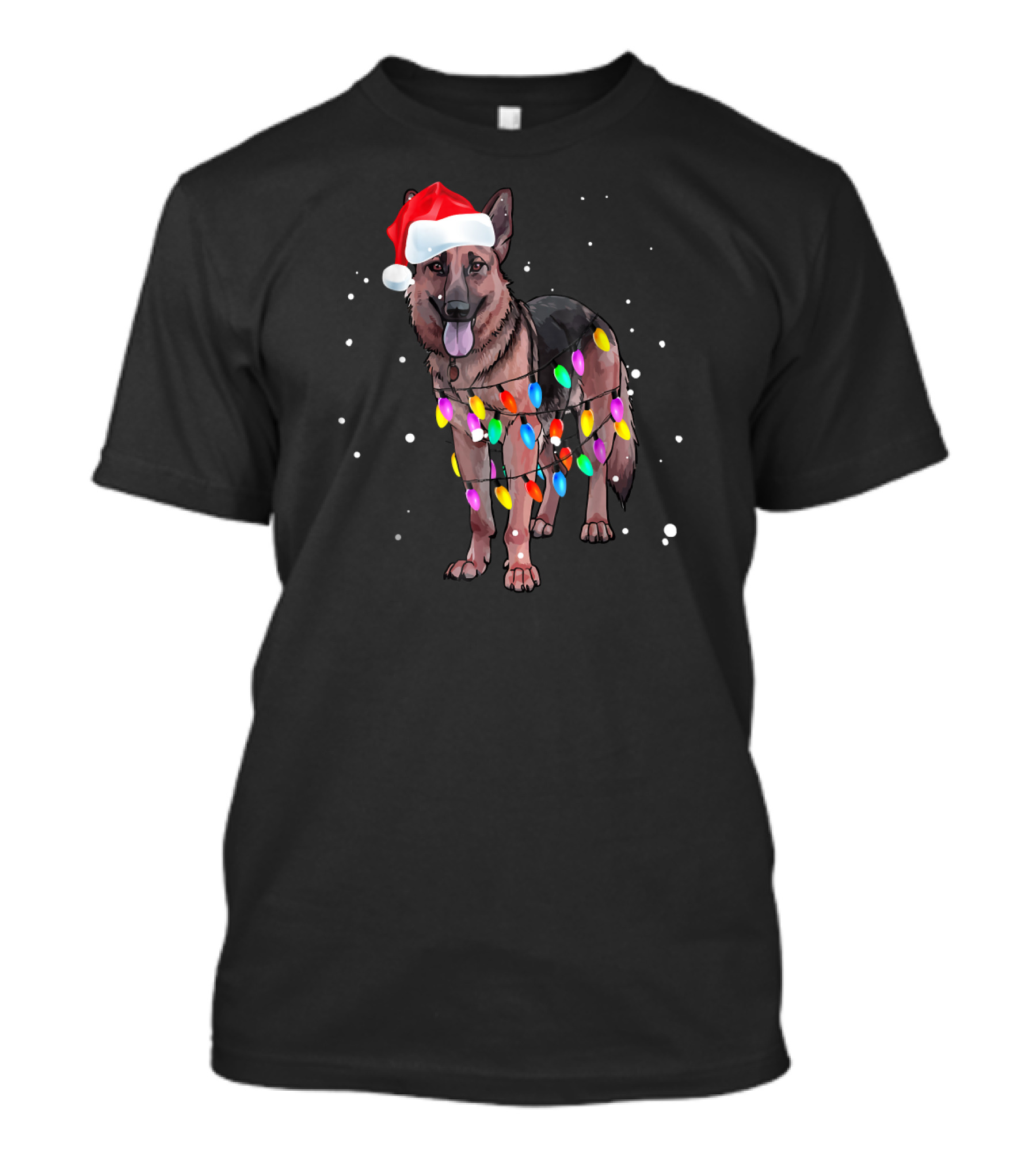German Shepherd With Santa Hat And Colorful Christmas Lights T-Shirt