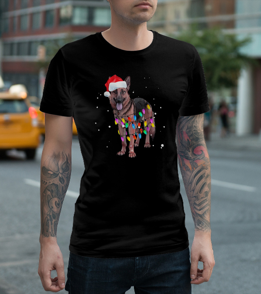 German Shepherd With Santa Hat And Colorful Christmas Lights T-Shirt
