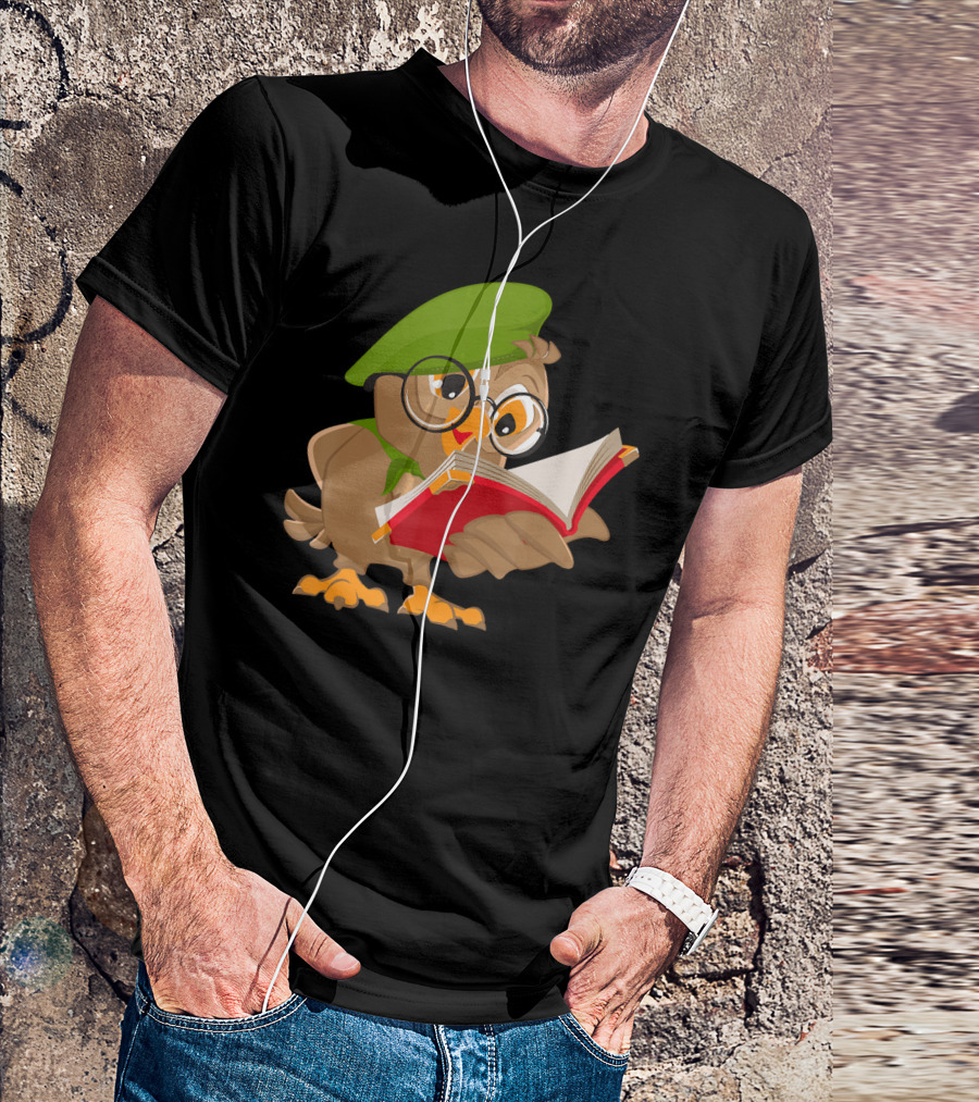 Cute Owl Reading Books Funny Bo Adorable Glasses And Green Beret T-Shirt