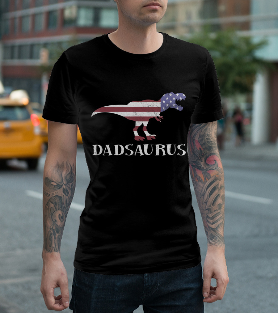 Dadsaurus Dinosaur with American Flag T-Shirt