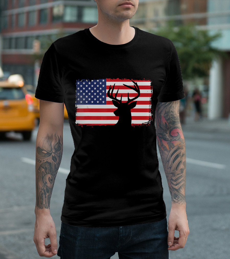 Deer Silhouette On American Flag Background Hunting T-Shirt