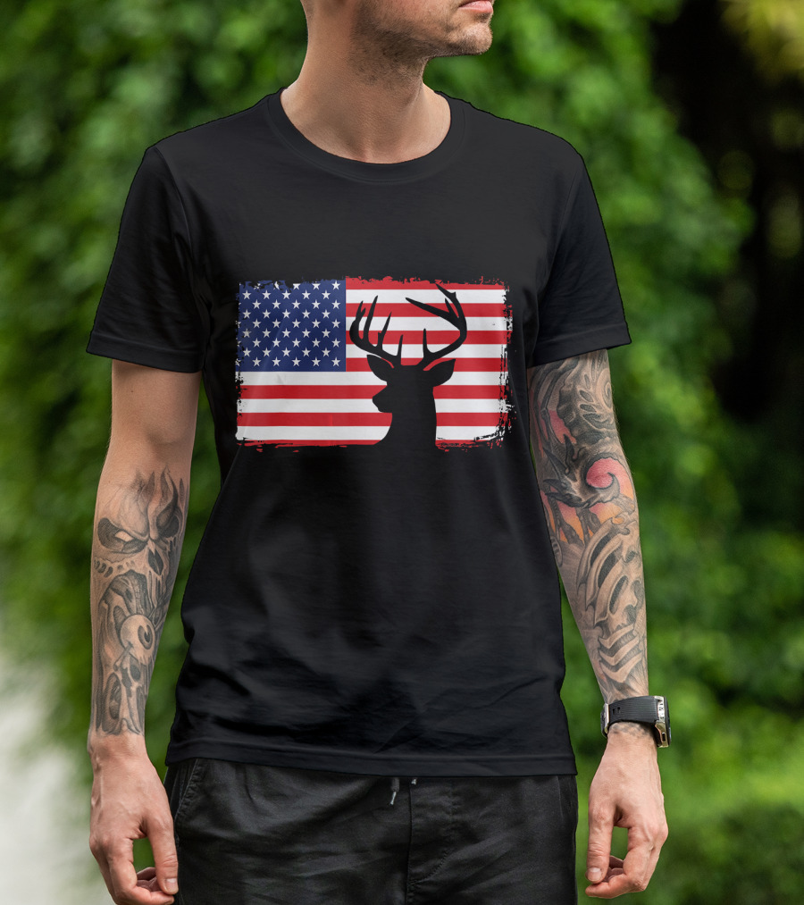 Deer Silhouette On American Flag Background Hunting T-Shirt