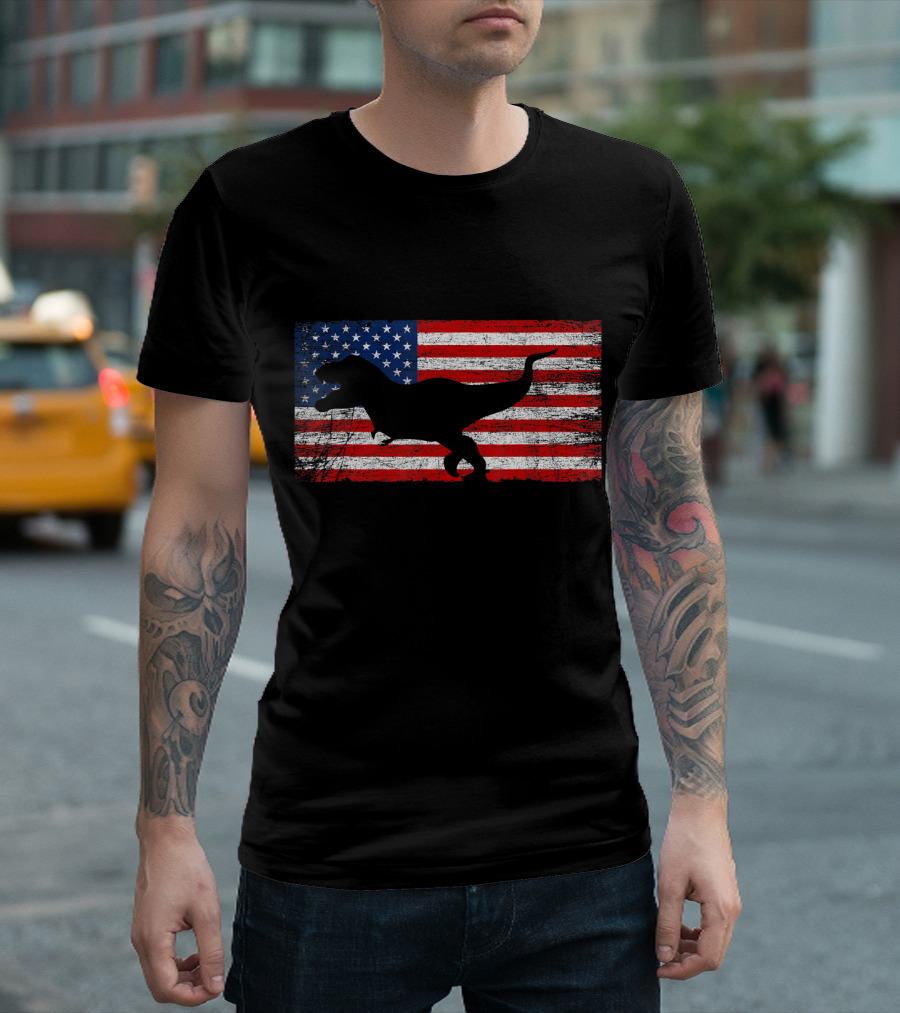 Dinosaur T-Rex American Flag 4th of July T-Shirt