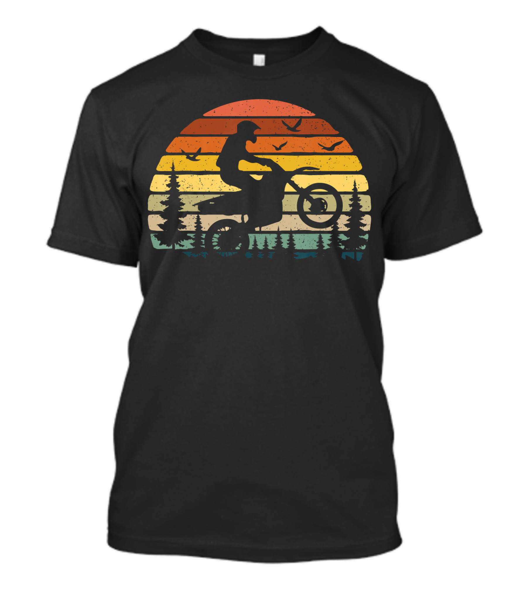 Dirt Bike Sunset Adventure With Trees And Birds Retro T-Shirt