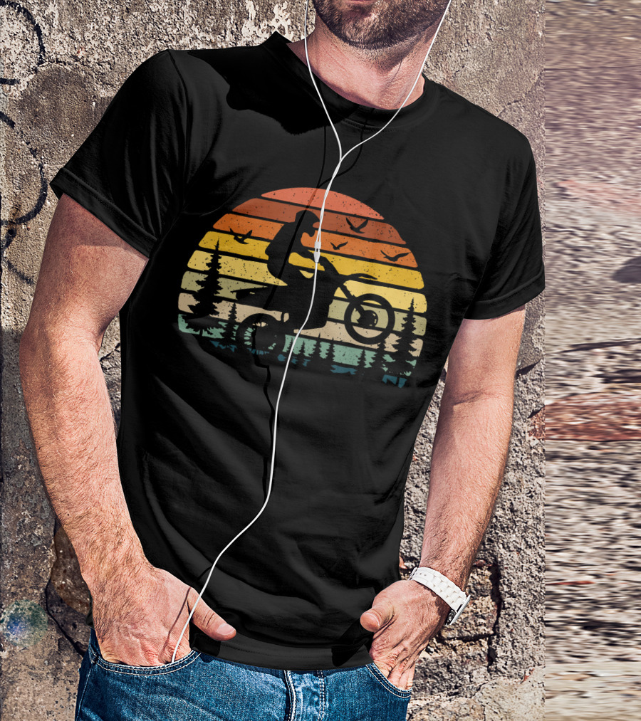 Dirt Bike Sunset Adventure With Trees And Birds Retro T-Shirt