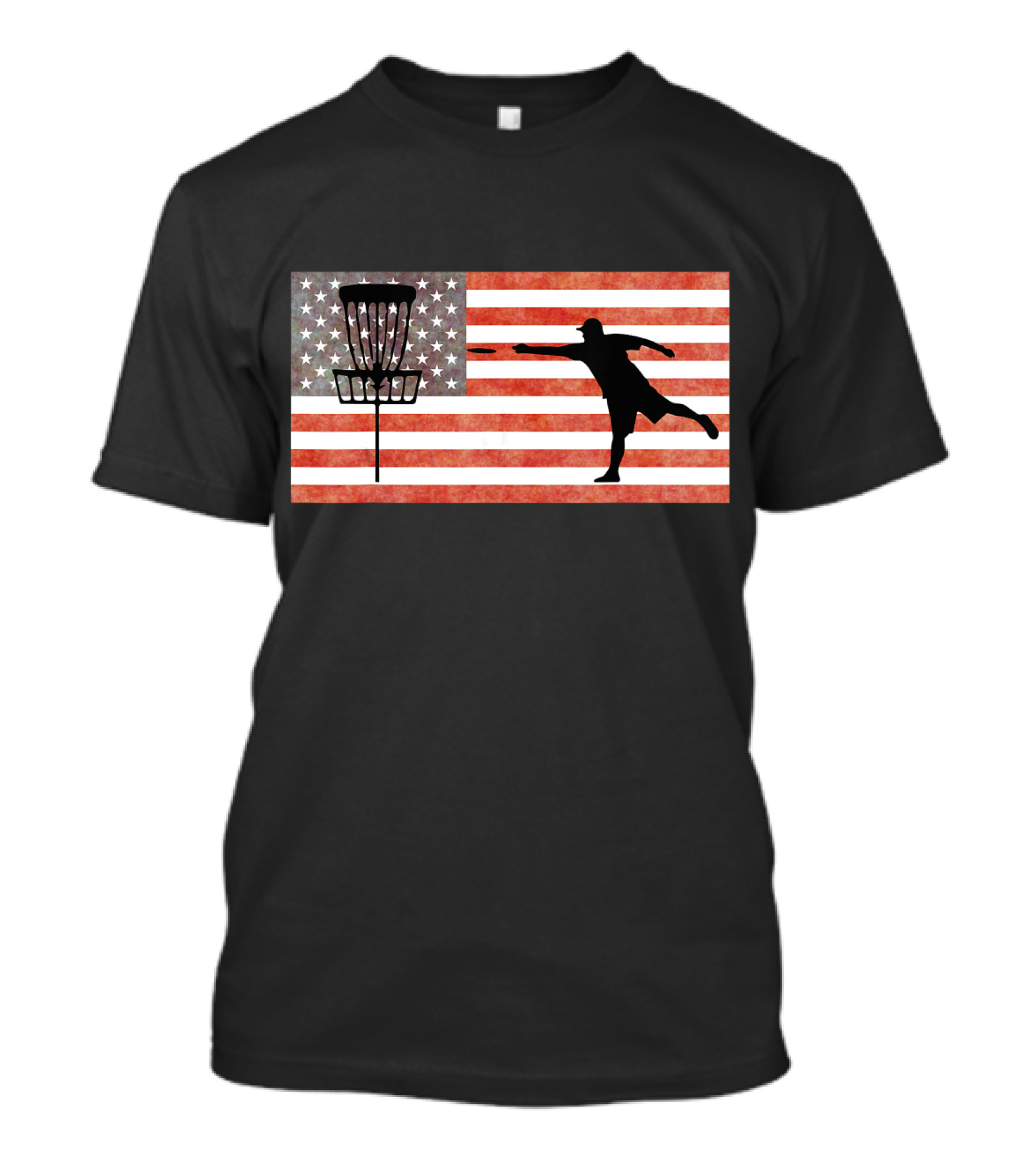 Disc Golfing USA Flag With Basket And Player T-Shirt