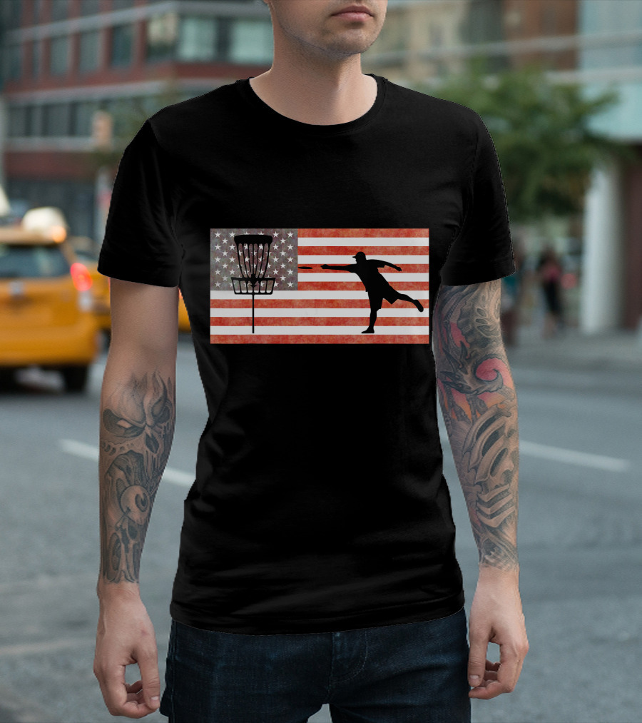 Disc Golfing USA Flag With Basket And Player T-Shirt