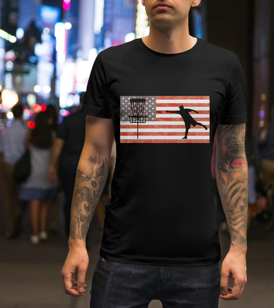 Disc Golfing USA Flag With Basket And Player T-Shirt