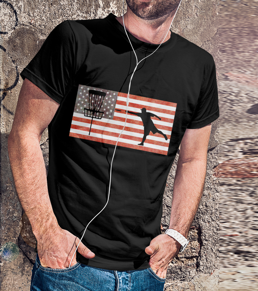 Disc Golfing USA Flag With Basket And Player T-Shirt