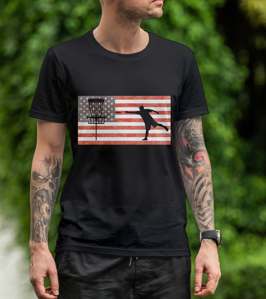 Disc Golfing USA Flag With Basket And Player T-Shirt