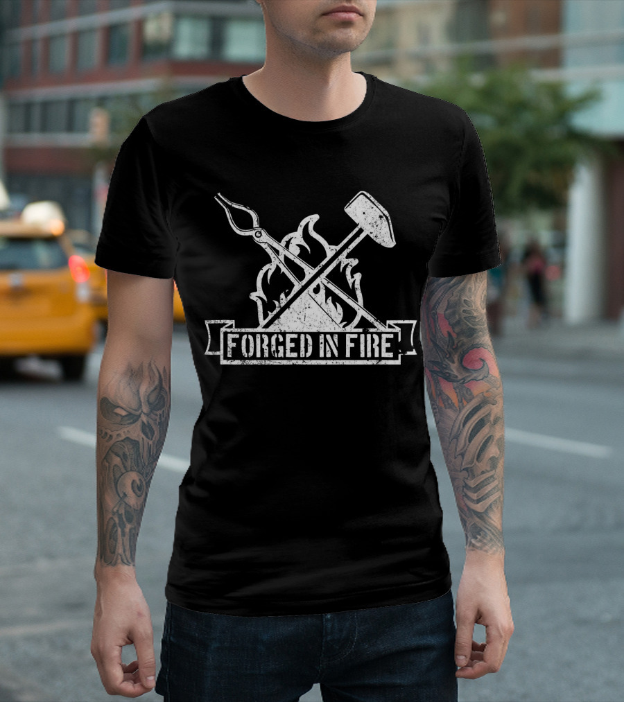 Forged In Fire Distressed Vintage Blacksmith Hammer and Tongs with Flames T-Shirt