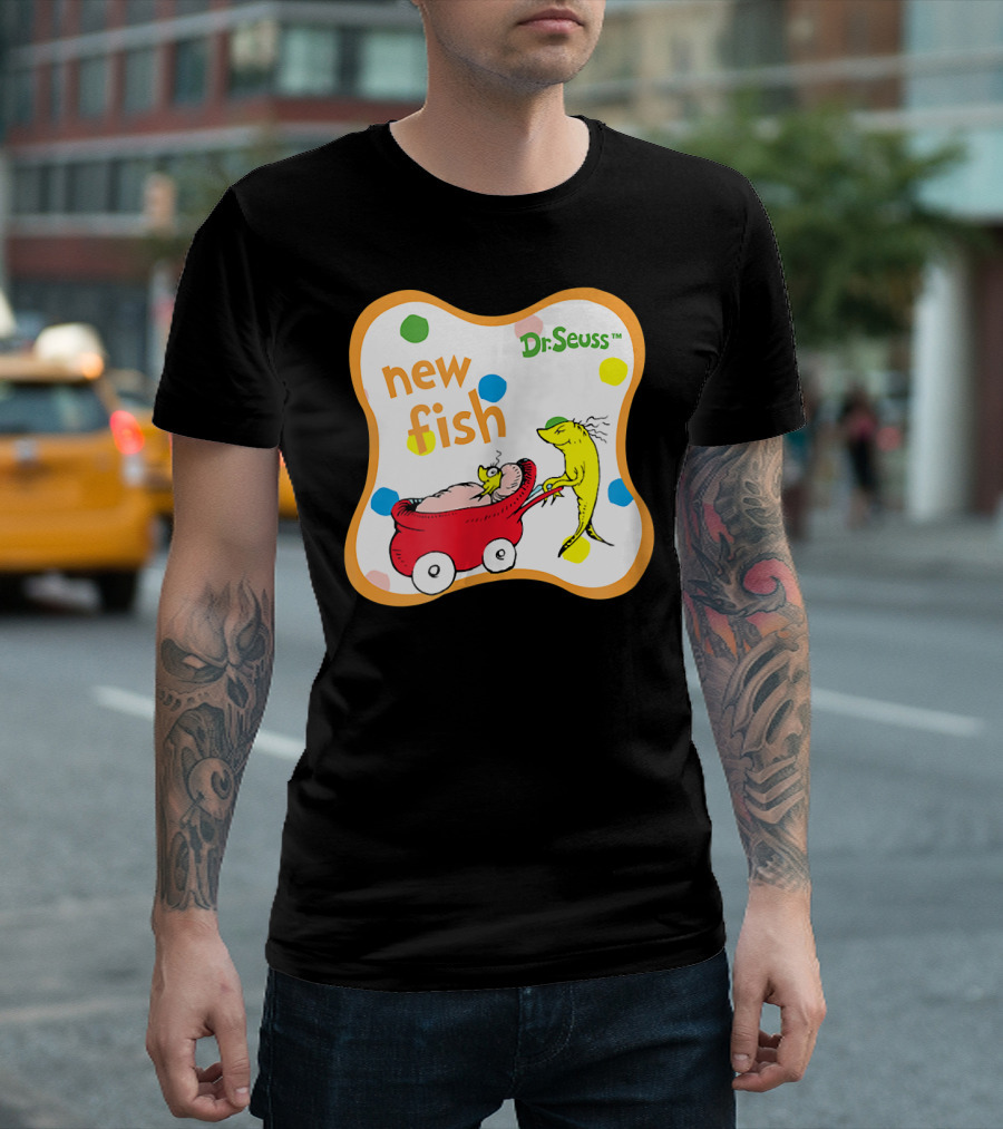 Dr. Seuss New Fish Cartoon Image With Red Wagon And Yellow Fish T-Shirt