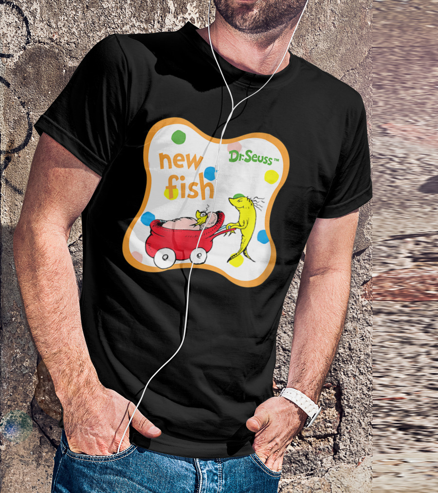 Dr. Seuss New Fish Cartoon Image With Red Wagon And Yellow Fish T-Shirt