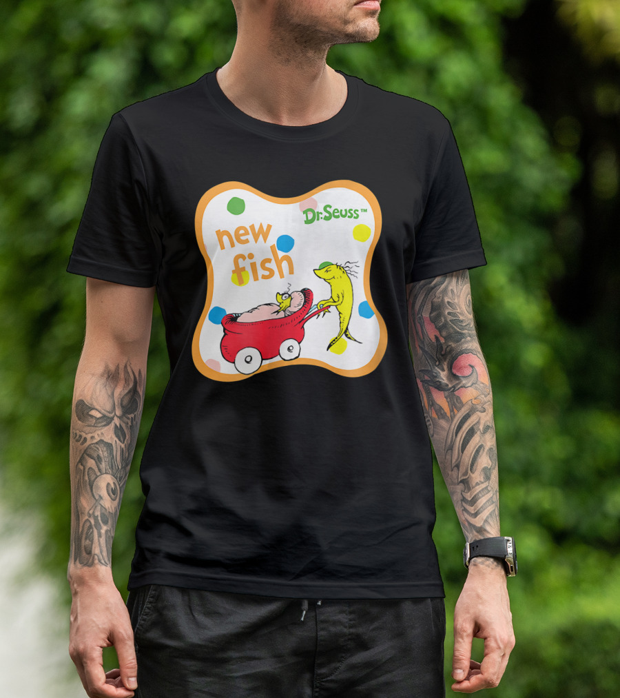 Dr. Seuss New Fish Cartoon Image With Red Wagon And Yellow Fish T-Shirt