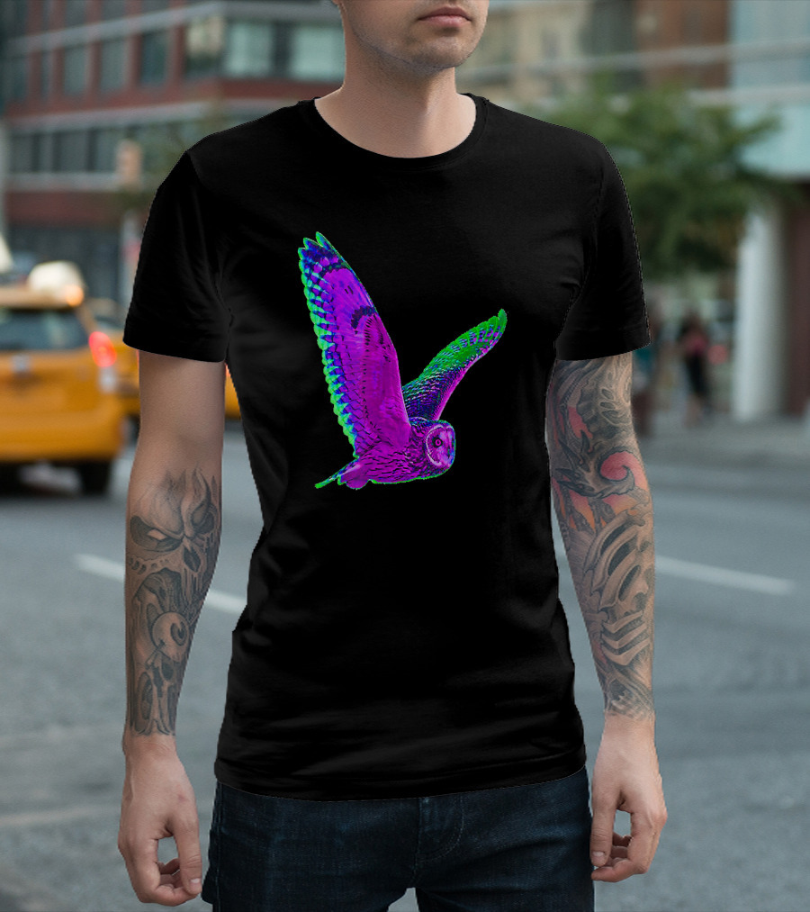 EDM Rave Trippy Techno Owl Festival Neon Psychedelic Vibes T-Shirt