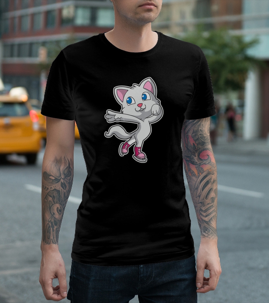 Figure Skating Cat Kitten with Pink Skates T-Shirt
