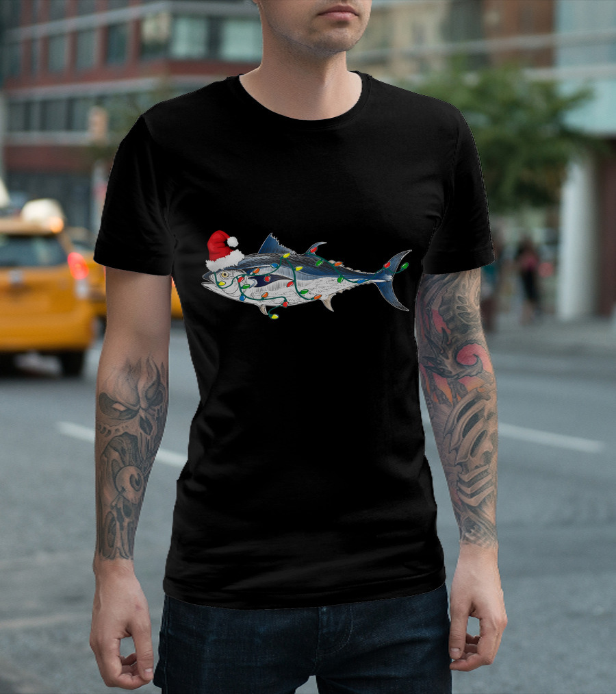 Santa Hat Fish With Christmas Lights For Funny Fish Lover T-Shirt