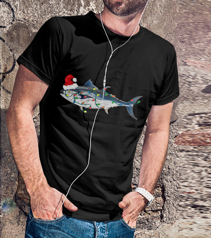Santa Hat Fish With Christmas Lights For Funny Fish Lover T-Shirt