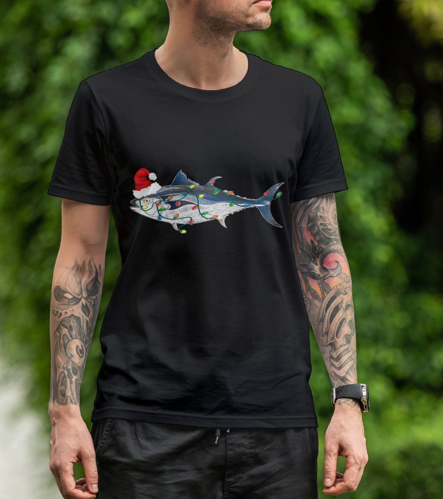 Santa Hat Fish With Christmas Lights For Funny Fish Lover T-Shirt
