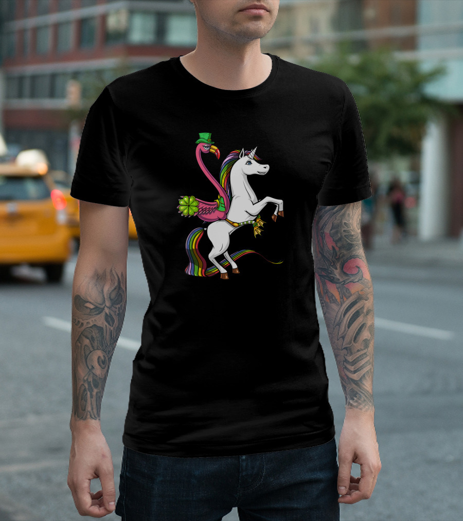 Flamingo in Green Hat Riding Rainbow Unicorn with Four-Leaf Clover T-Shirt