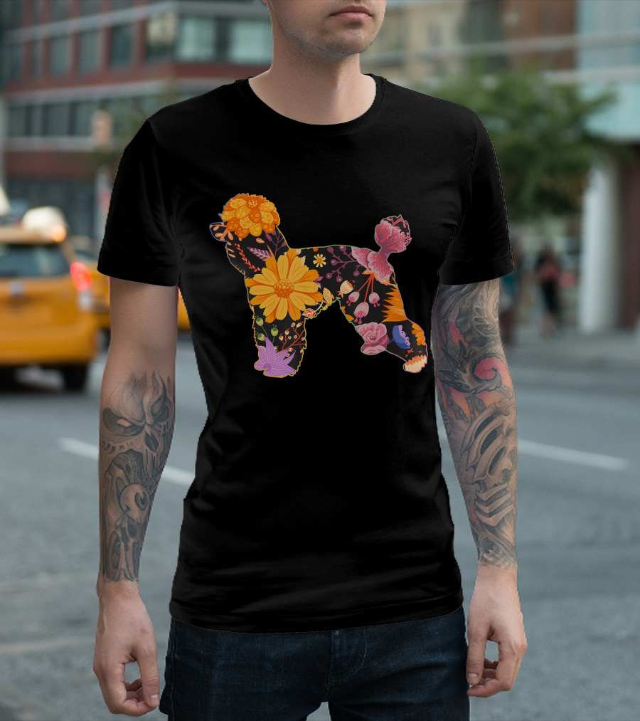 Floral Flower Vintage Retro Standard Poodle Silhouette with Colorful Blooms T-Shirt