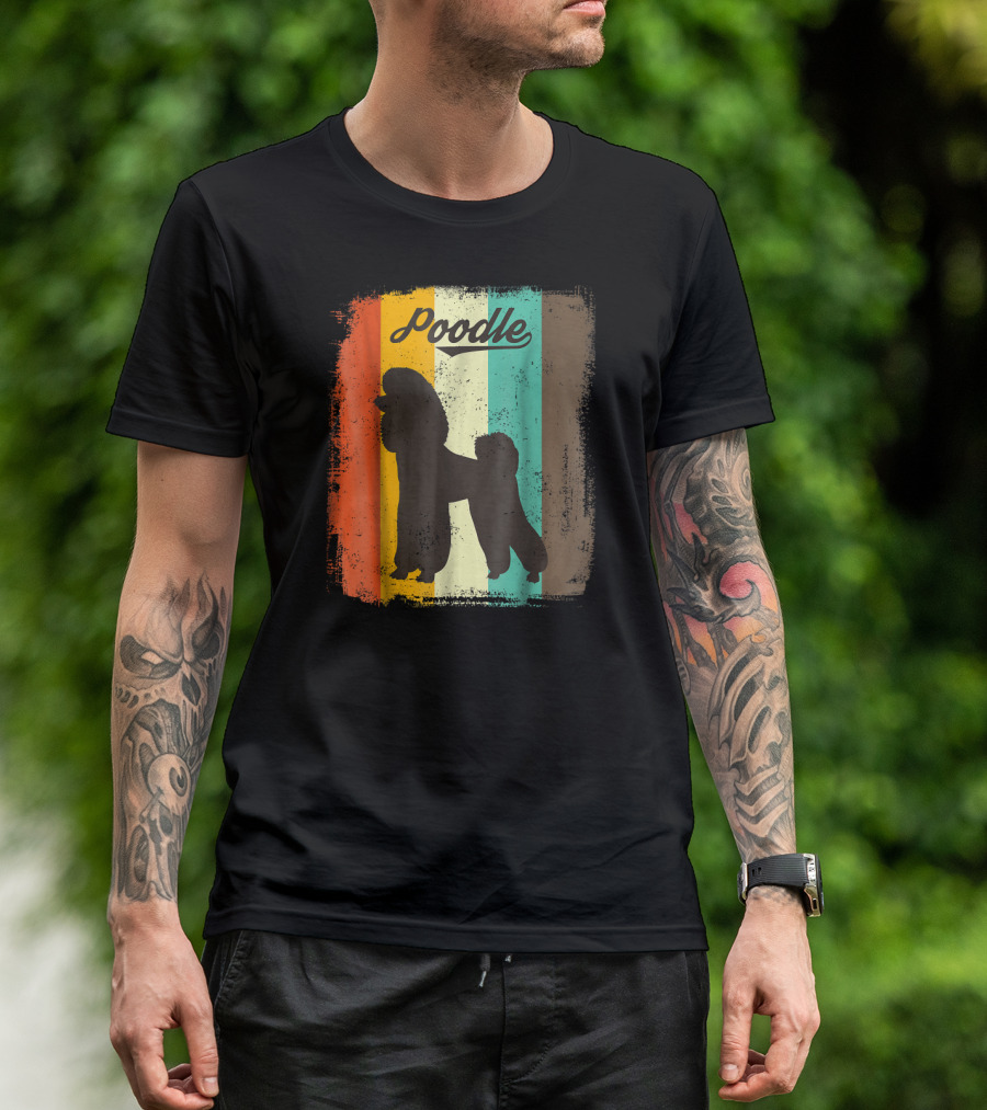 Poodle Retro Silhouette On Colorful Stripes T-Shirt