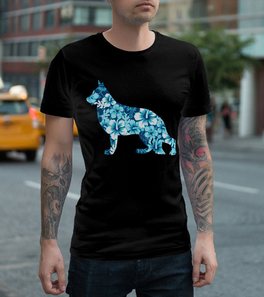 German Shepherd Aloha Hawaiian Dog Silhouette Floral T-Shirt