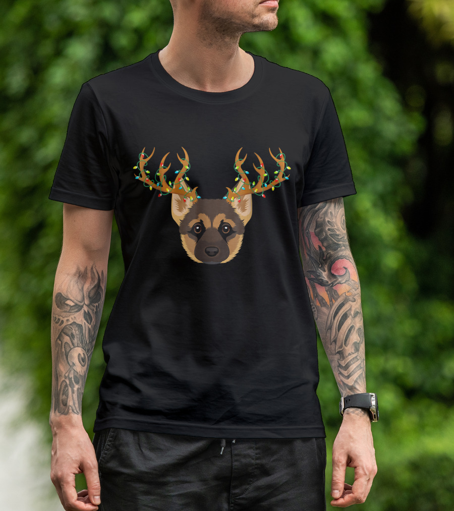 German Shepherd Antlers With Christmas Lights T-Shirt