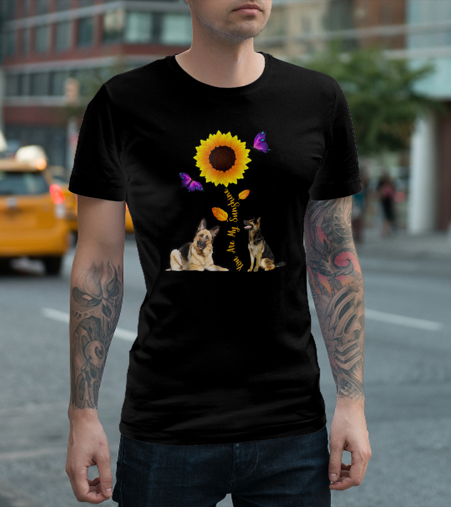 German Shepherd You Are My Sunshine Sunflower with Butterflies and Autumn Leaves T-Shirt