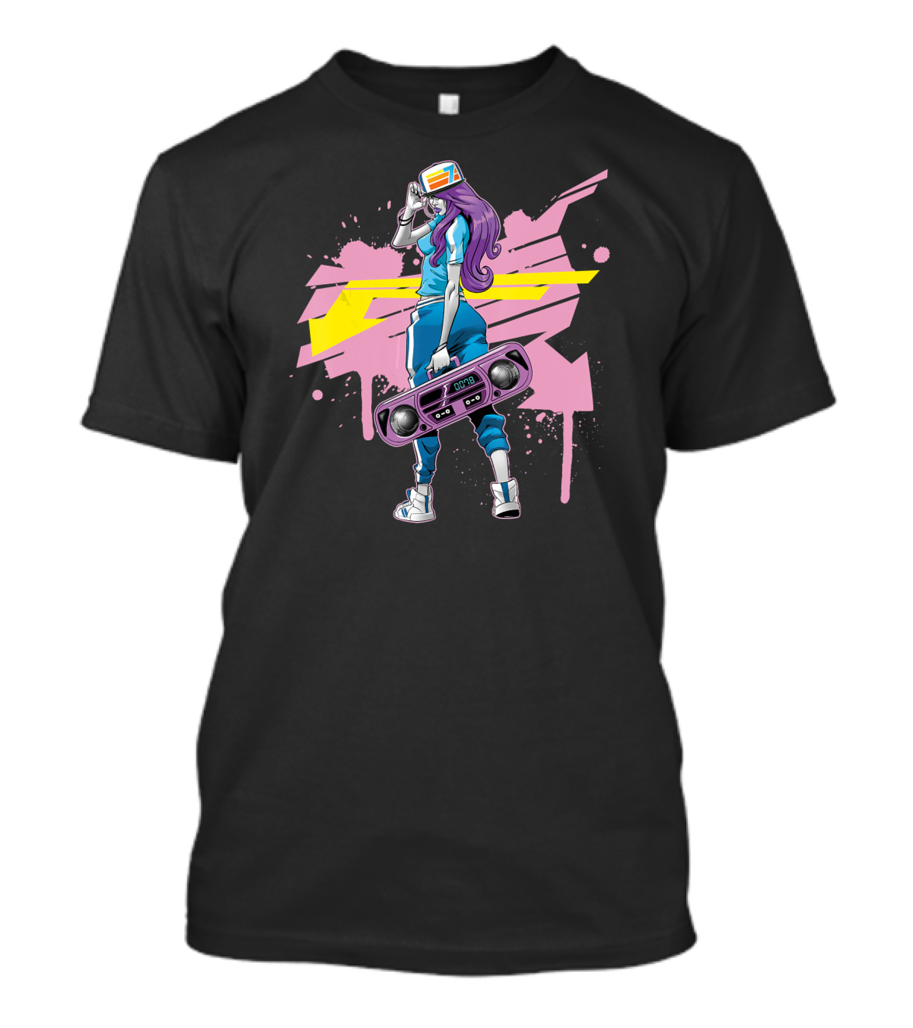 Graffiti Boombox Girl Hip Hop Retro Style With Headphones And Paint Splatter Background T-Shirt