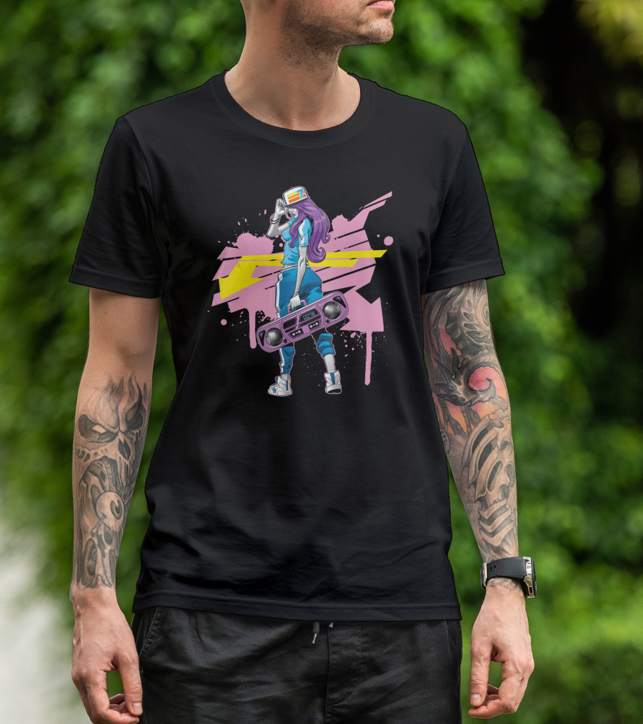 Graffiti Boombox Girl Hip Hop Retro Style With Headphones And Paint Splatter Background T-Shirt