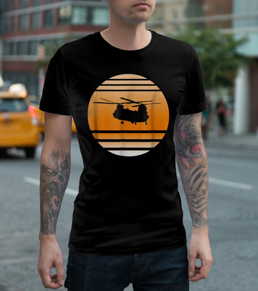 Chinook Helicopter Silhouette Sunset Stripes T-Shirt