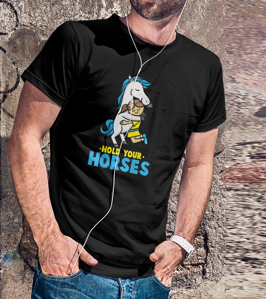 Hold Your Horses Horse Hug Cartoon T-Shirt