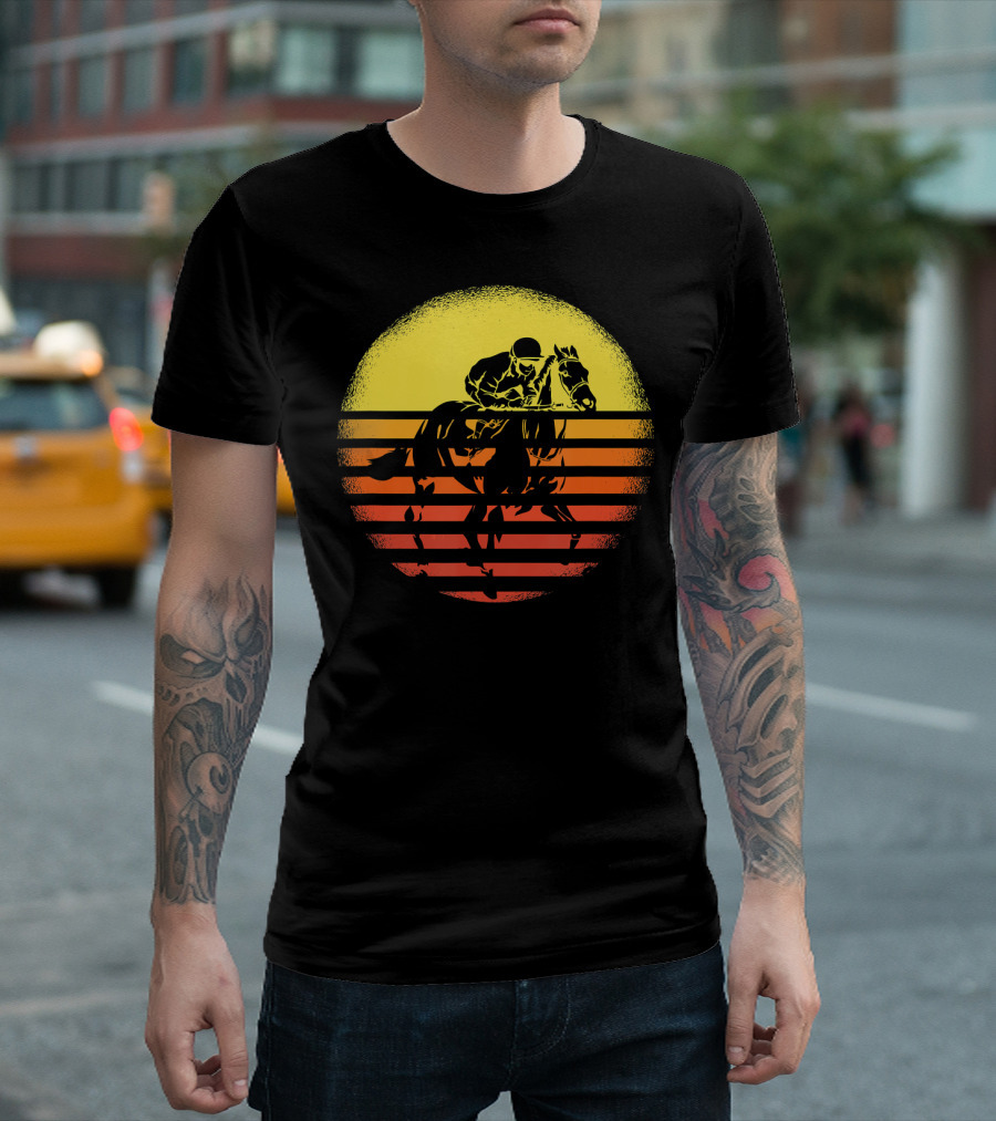 Horse Racing Sunset Silhouette Horse Rider in Striped Circle Sunset Colors T-Shirt