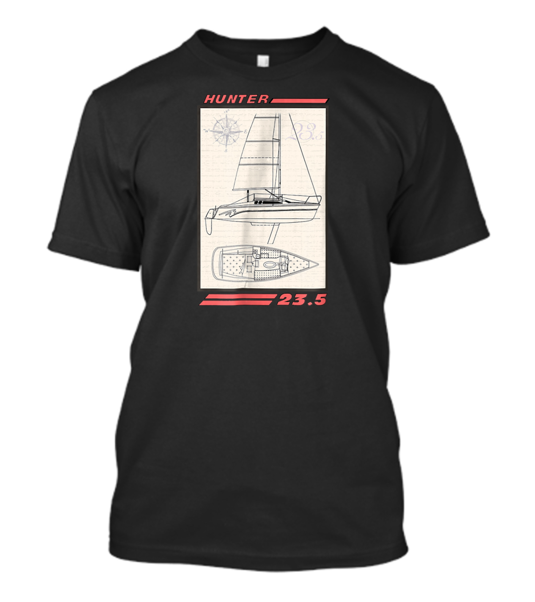 HUNTER 23.5 Sailboat Line Drawing With Compass T-Shirt