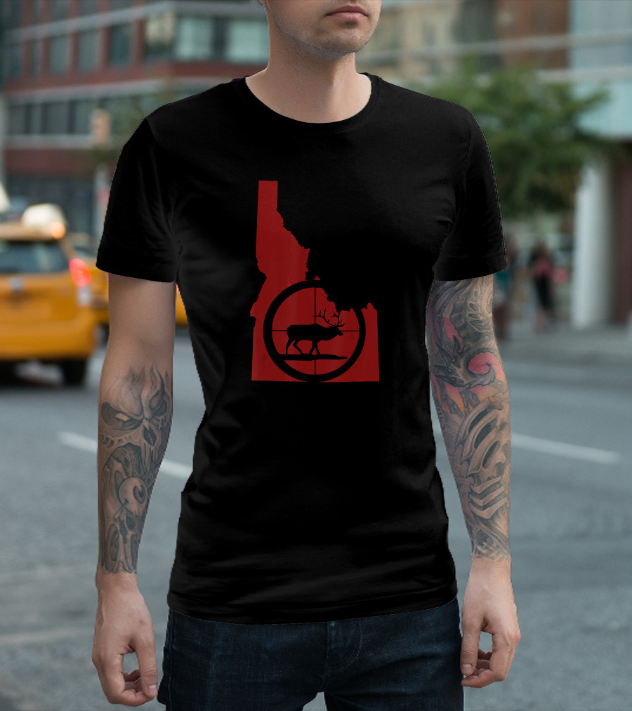 Idaho Elk Hunting Silhouette in Red State Outline T-Shirt