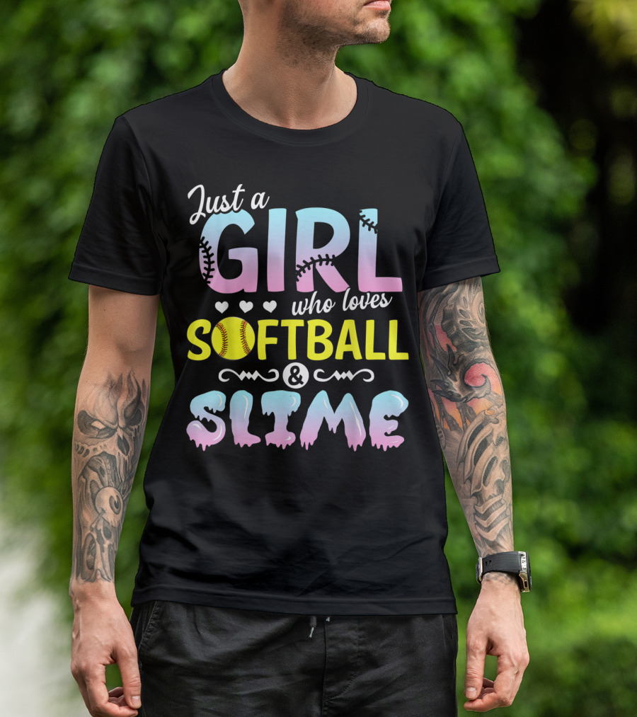 Just A Girl Who Loves Softball And Slime With Pastel Letters And Baseball Stitching T-Shirt