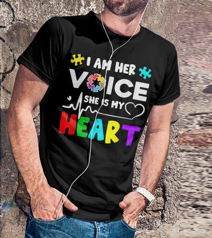 I Am Her Voice She Is My Heart Autism Awareness Puzzle Pieces T-Shirt