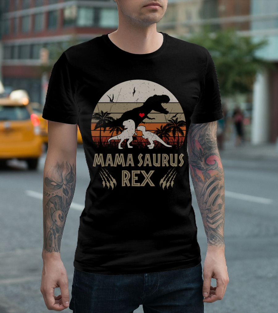 Mamasaurus Rex Cool Mom Dinosaur Scene With Heart And Claw Marks T-Shirt