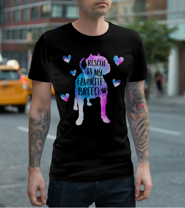 Rescue Is My Favorite Breed Watercolor Pitbull Hearts T-Shirt